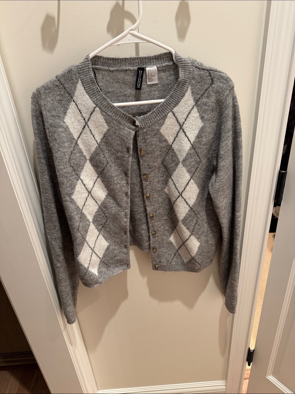 H&M Gray and White Argyle Knit Cardigan